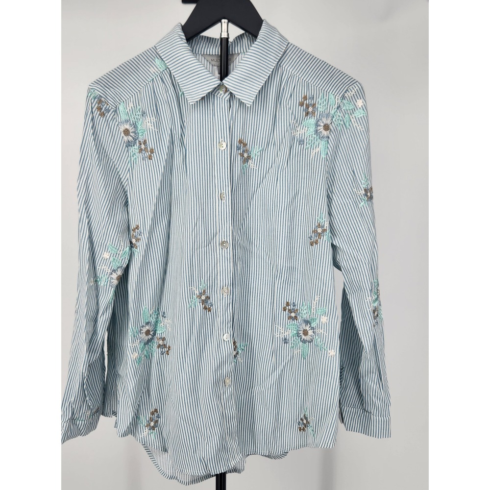 Multiples Women Blue White Striped Floral Embroidered Button Down Shirt Medium